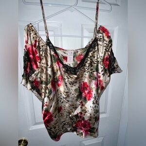 Secret Treasures Floral Satin sleepwear top  with Black Accents and shorts
